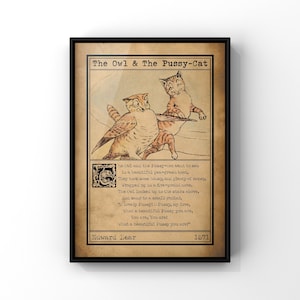 The Owl and The Pussy-Cat by Edward Lear Book Cover and First Verse of Nursery Rhyme, PRINTED Vintage Style Children's Wall Art Poem Print