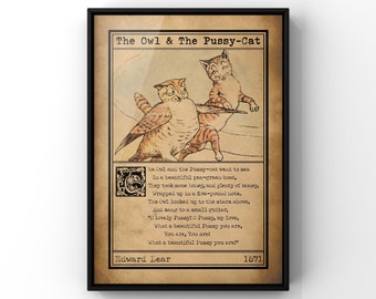 The Owl and The Pussy-Cat by Edward Lear Book Cover and First Verse of Nursery Rhyme, PRINTED Vintage Style Children's Wall Art Poem Print