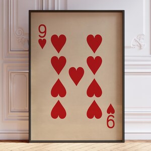 Negen harten posterprint, negen harten muurdecoratie, vintage speelkaarten muurkunst print, rode kaartspel print | GEDRUKT