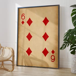 Antieke zes van diamanten poster kunst aan de muur print 6e verjaardag cadeau geluksgetal 6 rustieke speelkaart kamer decor | OPTIES GEDRUKT FRAME