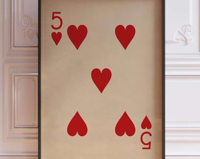 Five Of Hearts Poster Print, Vintage Playing Cards Wall Art Print, Red Card Deck Print, Five Heart Wall Decor | PRINTED