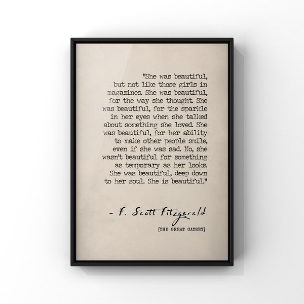 She Was Beautiful Quote Poster Print by F Scott Fitzgerald | Gift for Girlfriend | Anniversary Gift | Literary Quote Print | PRINTED
