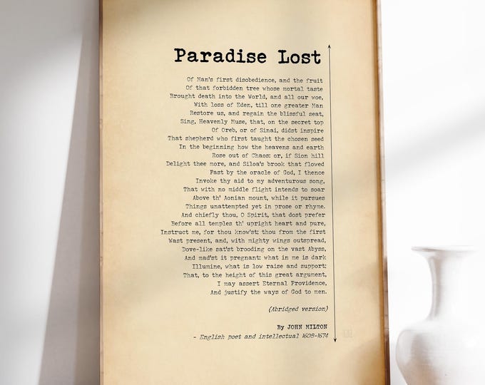 Paradise Lost Print - John Milton Poem, Literary Wall Art
