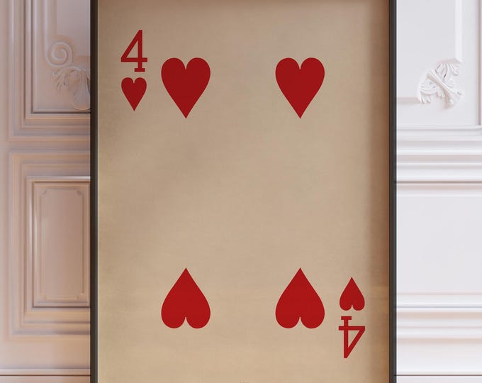 Four Of Hearts Poster Print, Vintage Playing Cards Wall Art Print, Red Card Deck Print, Four Hearts Wall Decor | PRINTED