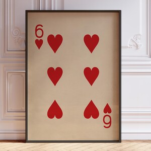 Six Of Hearts-posterprint, vintage speelkaarten kunstprint, rode kaartspel print, Six-muurkunst | GEDRUKT