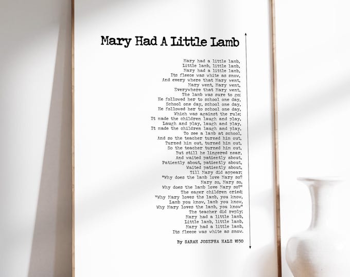 Mary Had A Little Lamb Poem Print - Nursery Rhyme Decor, Framed or Unframed Poster