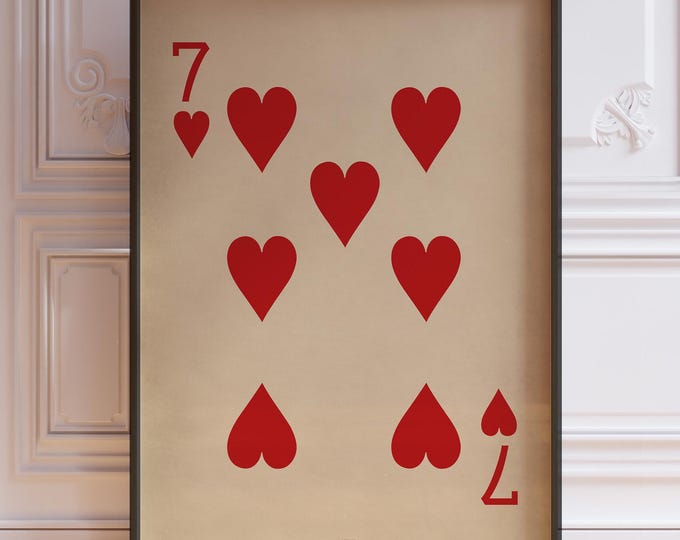 Seven Of Hearts Poster Print, Seven Heart Wall Decor, Vintage Playing Cards Wall Art Print, Red Card Deck Print | PRINTED