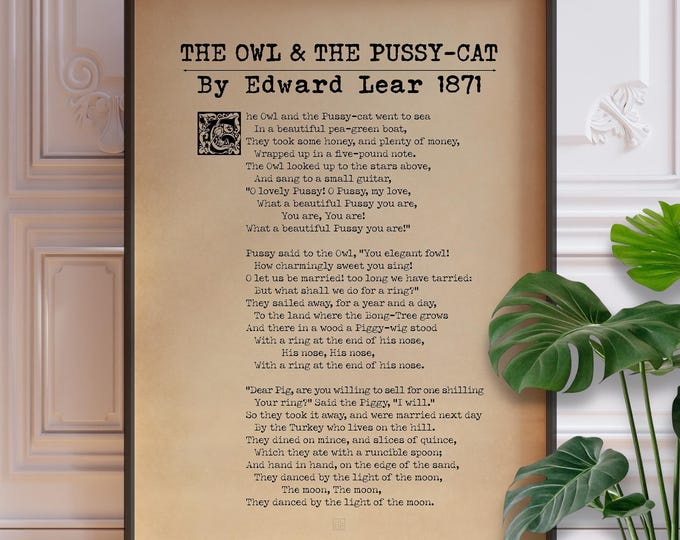 The Owl and The Pussycat Nursery Rhyme Print, Edward Lear, Vintage Children's Art, Framed or Unframed Poster