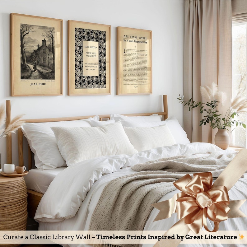 a cozy bedroom with a bed, framed prints on the wall, and a decorative bow on the bed.