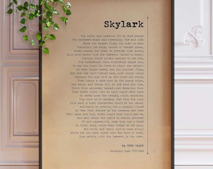 Skylark Poem Print - Vintage English Countryside Wall Art, Framed or Unframed