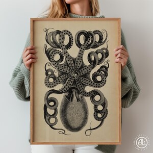 Vintage Oktopus Print - Sepia Nautische Wandkunst, Antike Naturgeschichte Meereskreatur Druck, Marine Küstendekor | O2-U-NHW-AL