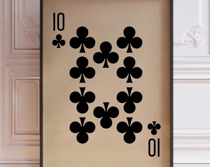 Ten Of Clubs Poster Print, Vintage Playing Cards Wall Art Print, Black Card Deck Print, Ten Clubs Wall Decor | PRINTED