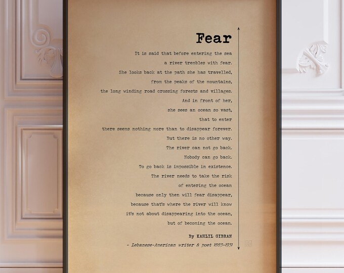 Fear Poem Print by Kahlil Gibran - Inspirational Poetry Poster, Courage Quote Wall Art Gift, Printed, Framed or Unframed