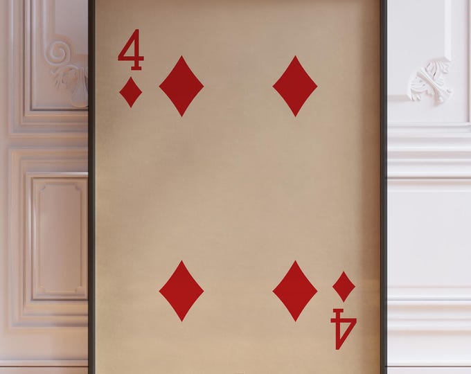 Four Of Diamonds Poster Print, Four Diamonds Wall Decor, Vintage Playing Cards Wall Art Print, Red Card Deck Print | PRINTED