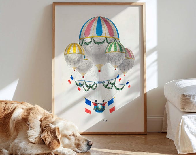 French Ballooning Art Print – Léon Benett Vintage Illustration, Colourful Retro Travel Wall Decor