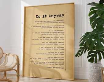 Stampa su tela con citazione motivazionale di Madre Teresa Do It Anyway, decorazione da parete per casa e ufficio, pittura ispiratrice, 12 x 15 cm