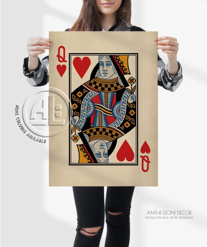 Queen Of Hearts Poster Print - Vintage Picture Playing Cards, Card Deck Heart Art, Queen Wall Decor, Framed or Unframed image 2
