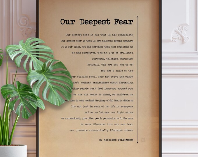 Our Deepest Fear Poem - Marianne Williamson Wall Art Print Poster, Minimalist Style Poem, Antique Paper Poetry Print, American Poetry