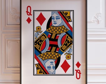 Queen Of Diamonds Poster Print, Queen Wall Decor, Red and White Playing Cards Wall Art Print, Poker Card Gift | PRINTED