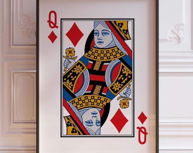 Queen Of Diamonds Poster Print, Queen Wall Decor, Red and White Playing Cards Wall Art Print, Poker Card Gift | PRINTED