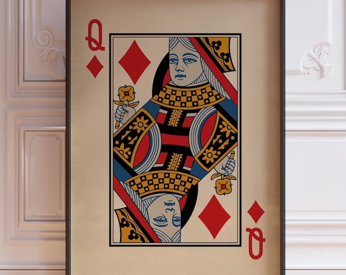 Queen Of Diamonds Poster Print, Vintage Playing Cards Wall Art Print, Queen Wall Decor, Red Queen Card Deck Print | PRINTED