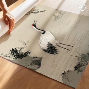 Japanse kraanvogel houtsnede print - Vintage Japandi Zen muurdecoratie, Oosterse decoratie afbeelding 5