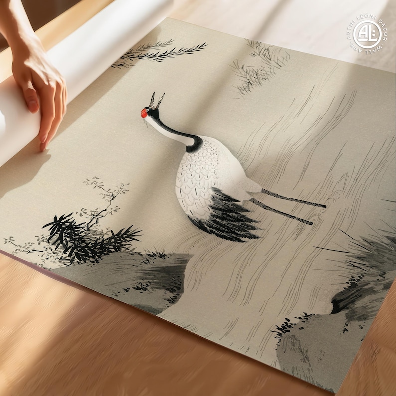 Japanse kraanvogel houtsnede print - Vintage Japandi Zen muurdecoratie, Oosterse decoratie afbeelding 5