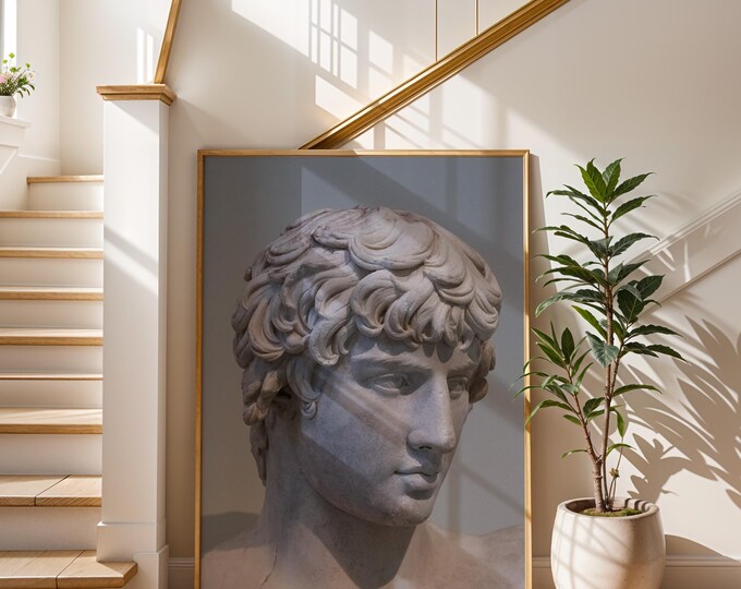 Antinoos of Bithynia Bust Print - Classical Greek Sculpture Wall Art, Ancient Roman Mythology Poster, Neutral Antique Decor