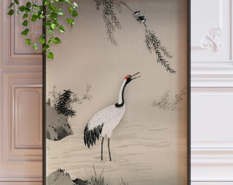 Japanese Crane Woodblock Style Print - Vintage Japandi Zen Wall Art, Oriental Decor