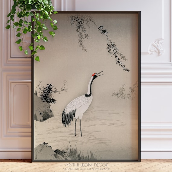 Japanese Crane Woodblock Style Print - Vintage Japandi Zen Wall Art, Oriental Decor