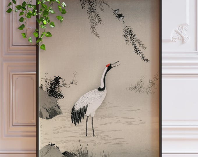 Japanese Crane Woodblock Style Print - Vintage Japandi Zen Wall Art, Oriental Decor