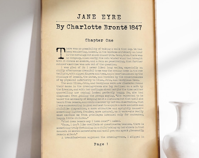 Jane Eyre Book Print Bookish Gifts Charlotte Bronte Novel Poster Home Decor Recreated First Page Literary Art Gift | Printed Framing Options