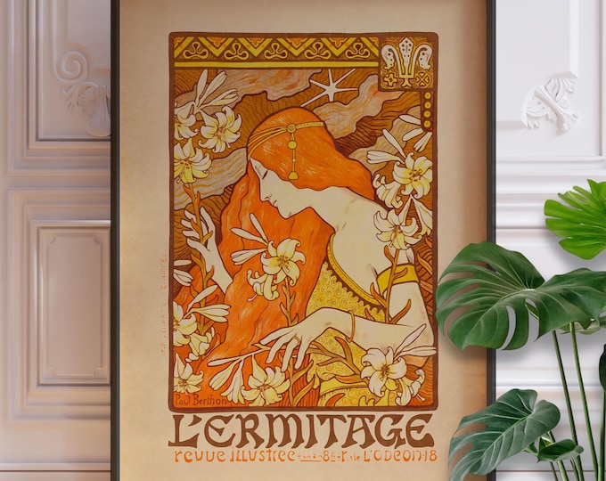 L'Ermitage French Art Nouveau Poster – Paul Berthon Print, Belle Époque Woman Illustration, Vintage Decorative Wall Art, Framed or Unframed