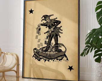 Antique Joker Card Art Print - Rustic Games Room Decor