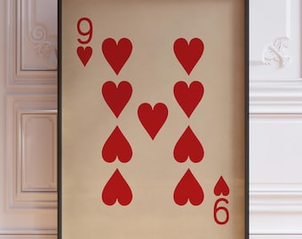 Nine Of Hearts Poster Print, Nine Hearts Wall Decor, Vintage Playing Cards Wall Art Print, Red Card Deck Print | PRINTED
