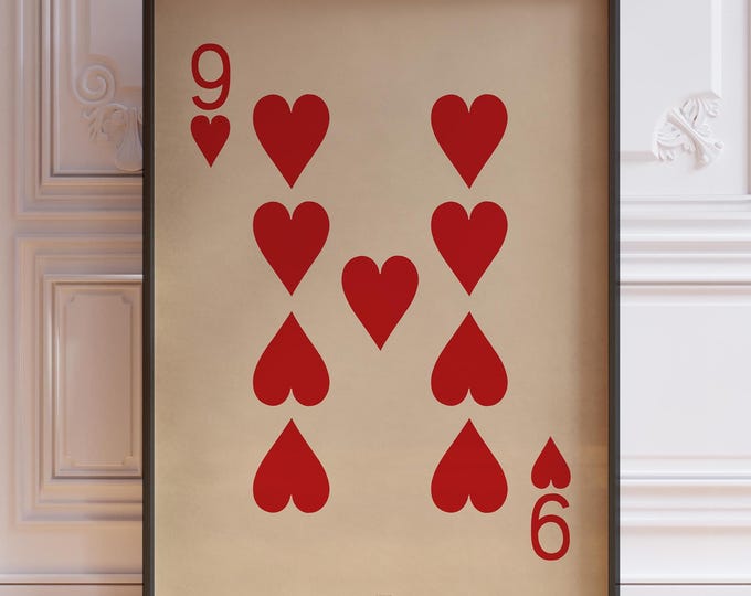 Nine Of Hearts Poster Print, Nine Hearts Wall Decor, Vintage Playing Cards Wall Art Print, Red Card Deck Print | PRINTED