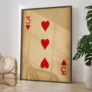 Póster antiguo de Tres de Corazones, número 3 de la suerte rojo, regalo, naipes rústicos, decoración de pared / OPCIONES DE MARCO IMPRESO