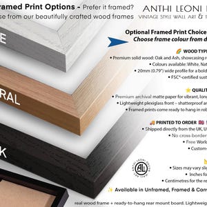 The image is a collage of different framed print options, including wood types and finishes, natural materials, and available print formats.