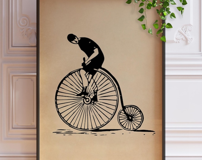 Retro Penny Farthing Cyclist Print - Minimalist Vintage Wall Art