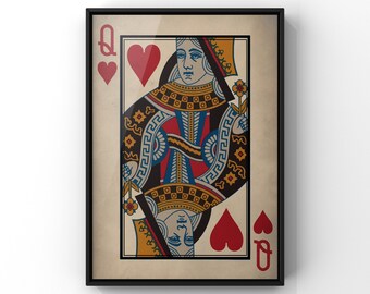 Queen Of Hearts Poster Print, Vintage Picture Playing Cards, Card Deck Art Print, Queen Wall Decor, Heart Queen Art, PRINTED Poster Print