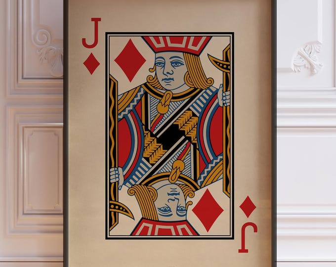 Vintage Jack of Diamonds Card Poster Print - Red Playing Card Wall Art, Boyfriend Gift