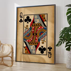 Antique Queen of Clubs Wall Art Room Decor Aged Picture Card Wall Poster Gift for Her Home Decor Idea  | PRINTED FRAME OPTIONS