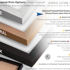 The image is a collage of different framed print options, including wood types and finishes, natural materials, and available print formats.