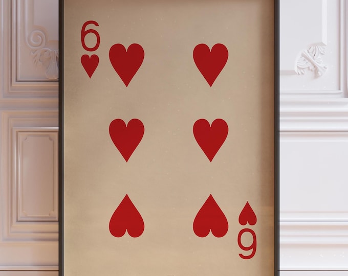 Six Of Hearts Poster Print, Vintage Playing Cards Wall Art Print, Red Card Deck Print, Six Wall Art | PRINTED
