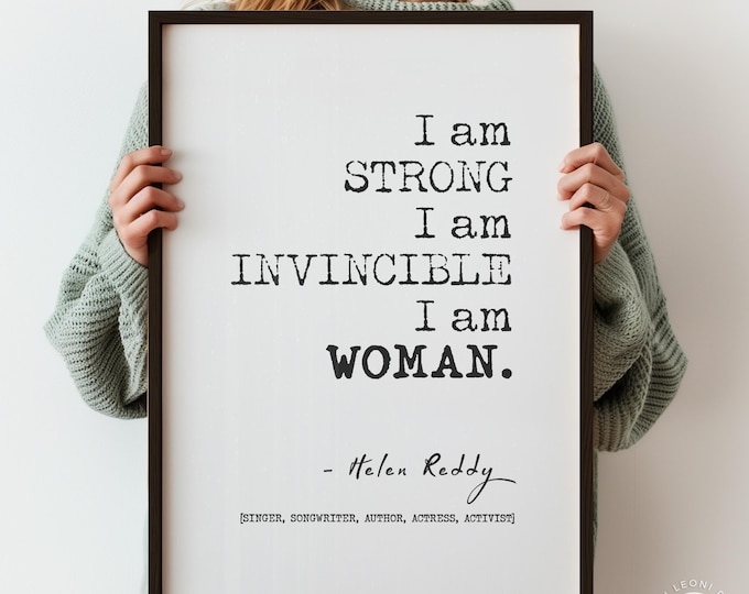 I Am Woman Quote Print – Helen Reddy Vintage Typography Poster, Feminist Wall Art Gift