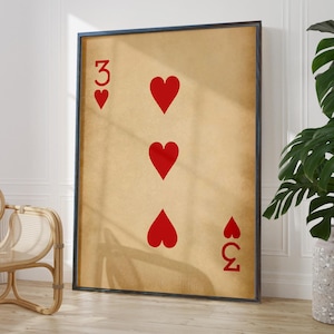 Three of Hearts Card Print - Rustic Poker Wall Art