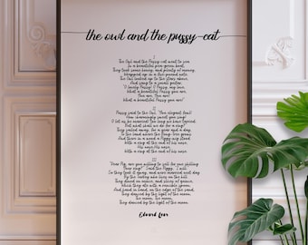 Decorative Nursery Rhyme Wall Art - The Owl and the Pussycat Black Script Print, Framed or Unframed