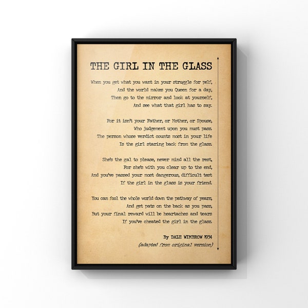 Het meisje in het glas door Dale Wimbrow | Inspirerende poëzie voor vrouwen poster print | Gedicht over eerlijk zijn tegen jezelf | GEDRUKT
