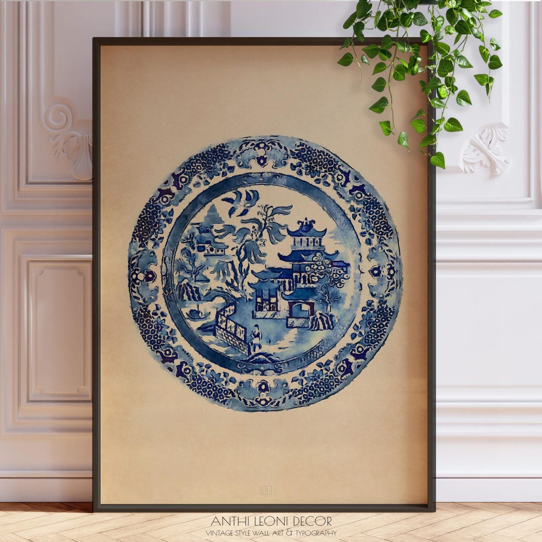 Vintage Blue and White Watercolour Print Willow Pattern Plate ...