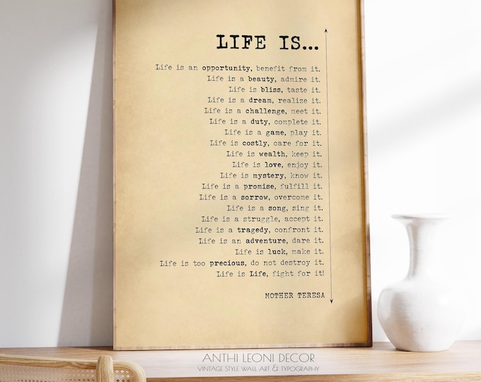 Life Is Poem by Mother Teresa Poster Print | Inspirational Life Is Quote Print | Daily Affirmations | Poetry Print | PRINTED